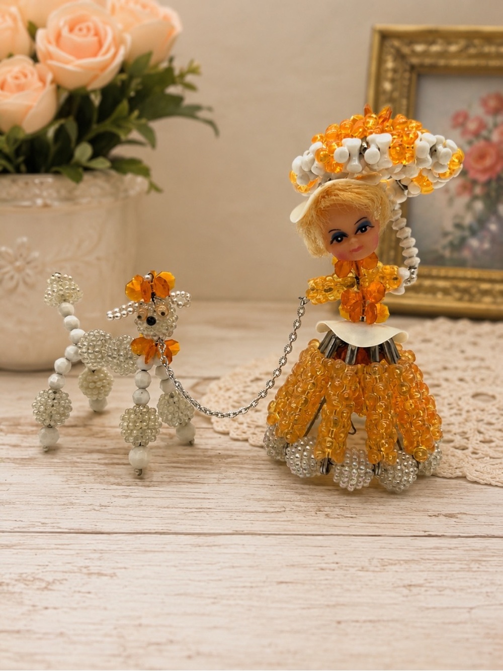 Vintage Beaded Southern Belle Doll Poodle Safety Pin Art Figurine Set 5” yellow